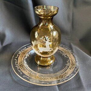 Antique Mary Gregory Style Deer Vase & 1930's MacBeth-Evans Stippled Rose Saucer